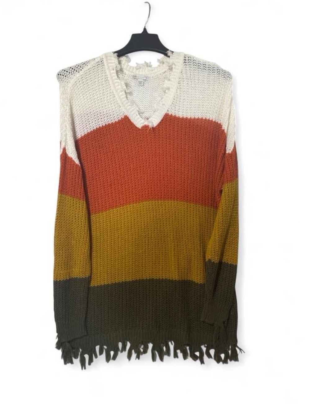 Cato V-Neck Striped Fringe Sweater in Cream, Rust, Mustard, Olive
